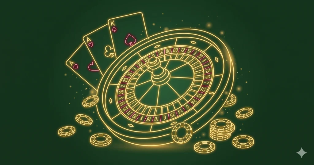 Betelli canlı casino rulet ve oyun kartları neon illüstrasyon